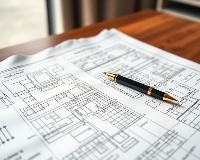 An architectural blueprint with a pen